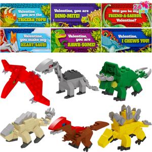 JOYIN 24 Packs Valentines Day Cards with Dinosaur Building Blocks for Gifts Party Favor, Classroom Exchange Prize, Valentines Greeting Cards