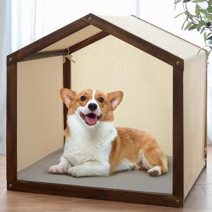 Wooden Dog House, Cabin Dog Kennels for Dogs Indoor and Outdoor Use, Wood Pet House Frame Beige Cover with Grey Cushion and Cover for Playing and Resting