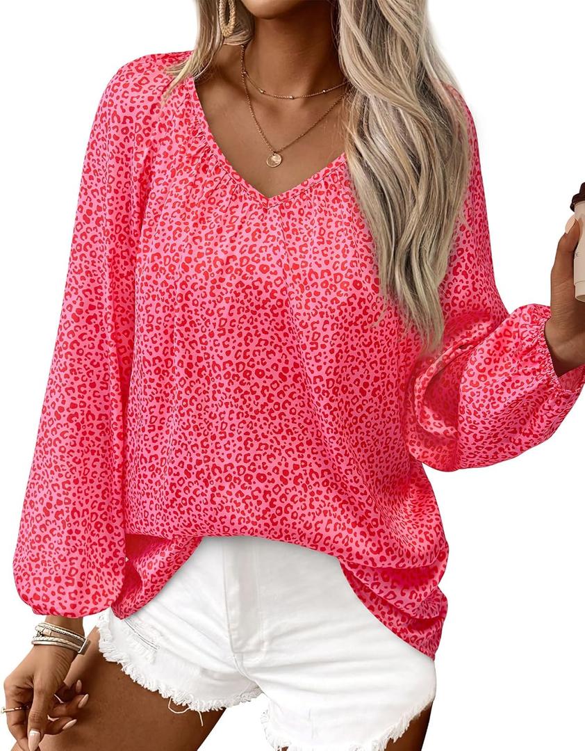 2 x Zenlonr Womens Summer Tops Dressy Casual 2026 V Neck Satin Silk Printed Shirts Boho Long Sleeve Work Blouses(Pink Leopard,Small) (Pink, S)