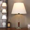 21" Modern Bedside Lamp Mid Century Table Lamp, Pull Chain Nightstand Lamp for Bedroom Living Room 3-Color Light, Solid Wood/Metal/Fabric for Home/Office/Desk Decor(Off White+Brushed Nickel)