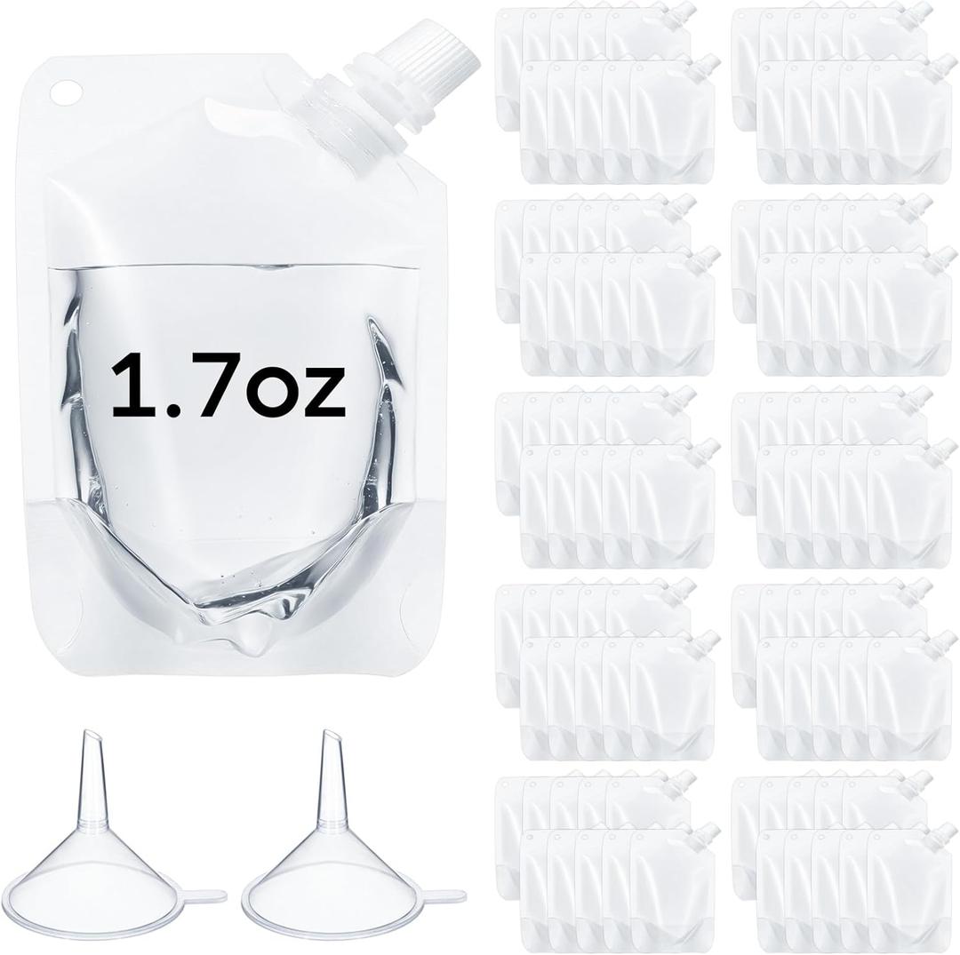 100 Pcs Plastic Pouches Bulk Disposable Clear Juice Pouches Squeeze Salsa Leakproof Beverage Bags with Funnel for Adult Travel Outdoor Sports Concert (1.7 oz)