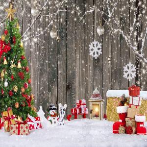 LYWYGG 8X8FT Christmas Photography Backdrop Winter Gift Wood Background Xmas Eve Holiday Party Backdrops Supplies Cake Table Banner Home Decoration Snowman Santa Backgrounds CP-376-0808