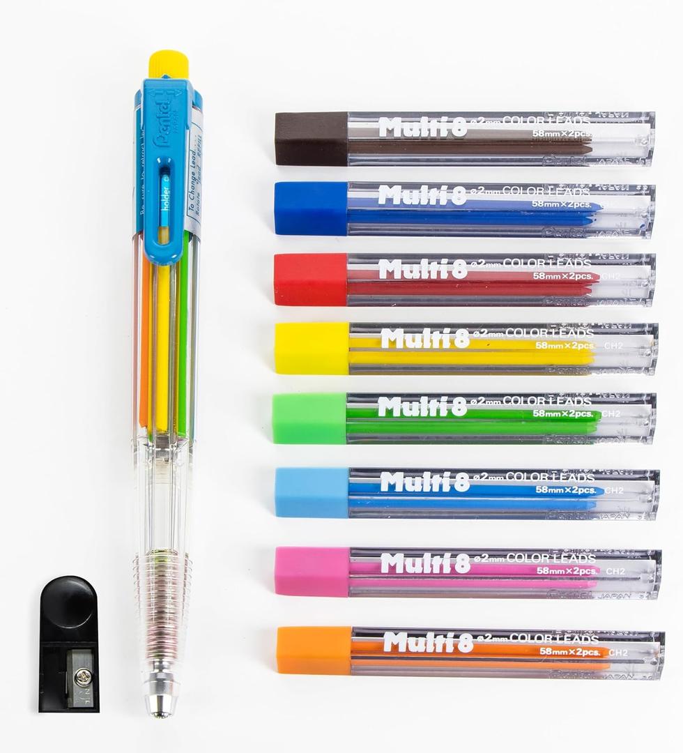 Pentel 8 Color Automatic Pencil Box Set, Assorted Accent Clip Colors, 8 Color Lead Refills and Sharpener (PH158-ST)
