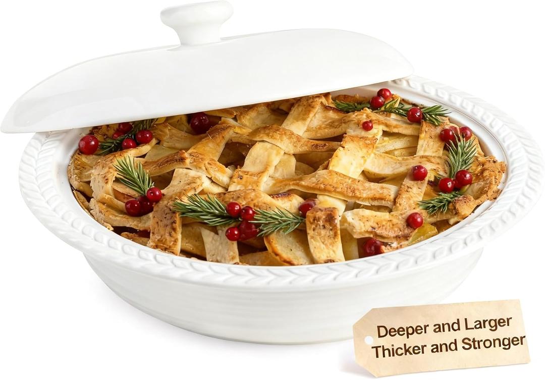 Deep Dish Pie Pan with Lid, 11 inch Ceramic Pie Dish, Round Baking Dish for Apple, Quiche, Pot Pies, Tart, etc, Microwave, Dishwasher, and Oven Safe