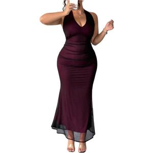 Women's Plus Size Ruffle Halter Dress V Neck Fishtail Bodycon Party Long Mesh Dresses (XX-Large Plus, Purple)