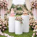 OBreezify 3 White PVC Cylinder Pedestal Stands with 6 Spandex Cloth Covers | 23.6'' 21.6'' 19.7'' Cake Stand Display Plinths, Gold White Fabric Covers, Birthday Party Wedding Decoration