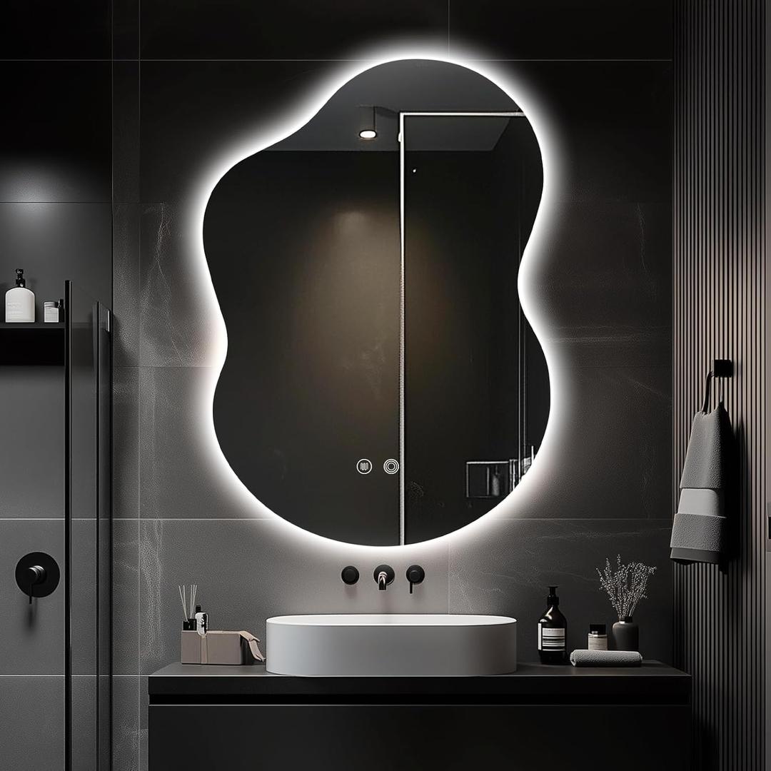 35"x25" Asymmetrical LED Vanity Mirror for Bathroom with Front & Backlit, Anti-Fog, 3 Light Colors, Dimmable, Wall-Mountable [Horizontal/Vertical] (Cloud Shape)