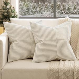 EMEMA Pack of 2 Beige Boho Decorative Corduroy Throw Pillow Covers 18x18 Inch Soft Pillow Covers Solid Pillowcases Cross Patchwork Textured Cushion Covers for Living Room Decor Couch Bed Sofa 45x45 cm