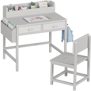 BOLUO Gray Kids Desk and Chair Set for 5-8 Year Old, Small Child Desk with Fabric Drawer, Children Study Table with Storage Toddler Girls Boys (Grey)