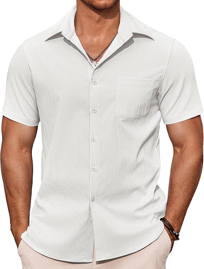 COOFANDY Mens Casual Button Down Shirts Short Sleeve Summer Beach Vacation Shirts (White, L)