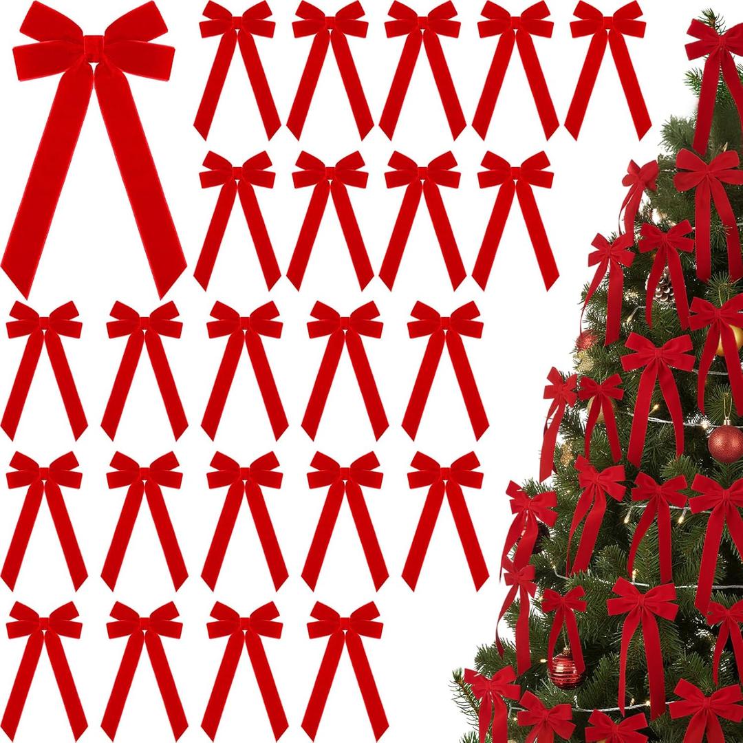 Riceshoot 24 Pcs Christmas Velvet Bows 4.5 x 8.6 inch Vintage Bow Christmas Tree Decorations Xmas Ornaments for Wreath Gifts Wrapping Garland Indoor Outdoor Holiday Party Decor (Red)