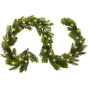 9FT Real Touch Norfolk Pine Garland Christmas with Light Winter Artificial Faux Greenery Garland Table Mantle Stairs Fireplace Wall Decor Outdoor Indoor Porch Home Decorations (Battery Not Included)