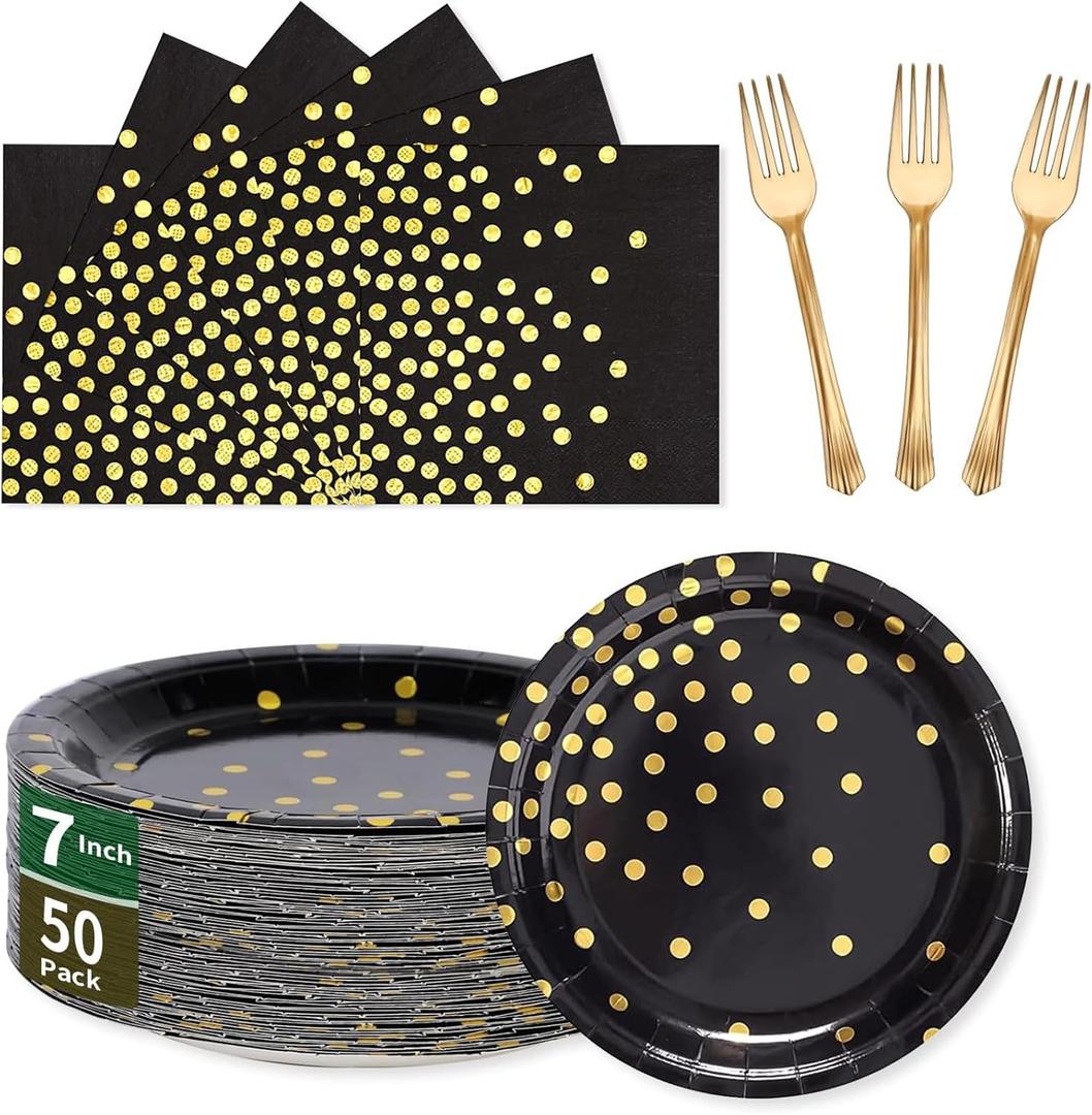 Black Gold Paper Plates and Napkins Party Supplies-150PCS-50 x 7''Dessert Plates & 50 x 6.5''Napkins & 50 x 7.3''Forks,Disposable Paper Tableware Set for Birthday,Anniversary,Retirement,Father's Day