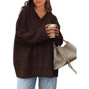 Okiwam Women's Oversized Sweaters Long Sleeve V Neck Cable Knit Pullover Tops Fall Outfits Spring Fashion Clothes 2026 (Brown, M)