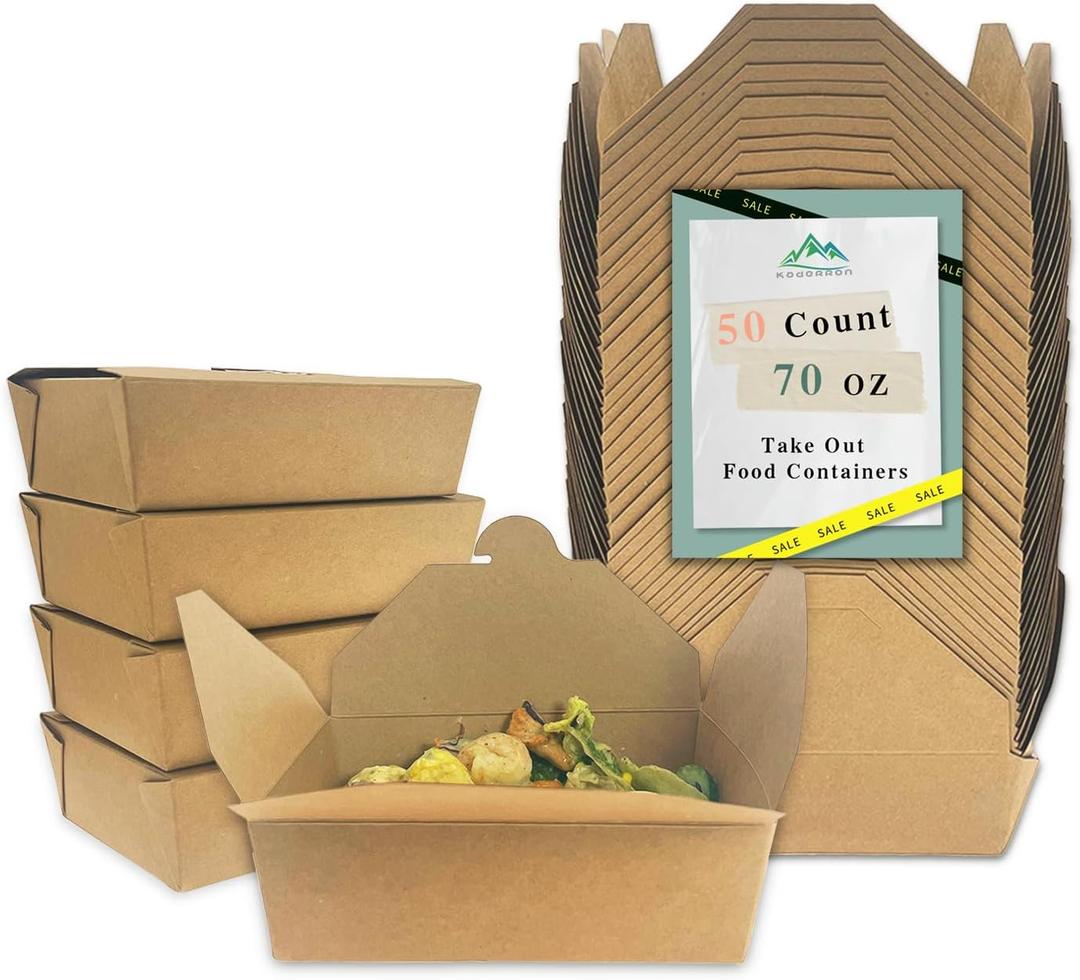 70Oz 50Pcs Disposable Take Out Food Containers, Brown Food Boxes To Go Kraft Paper Takeout Box Microwaveble and Refrigerator Safe(70OZ-50PACK)