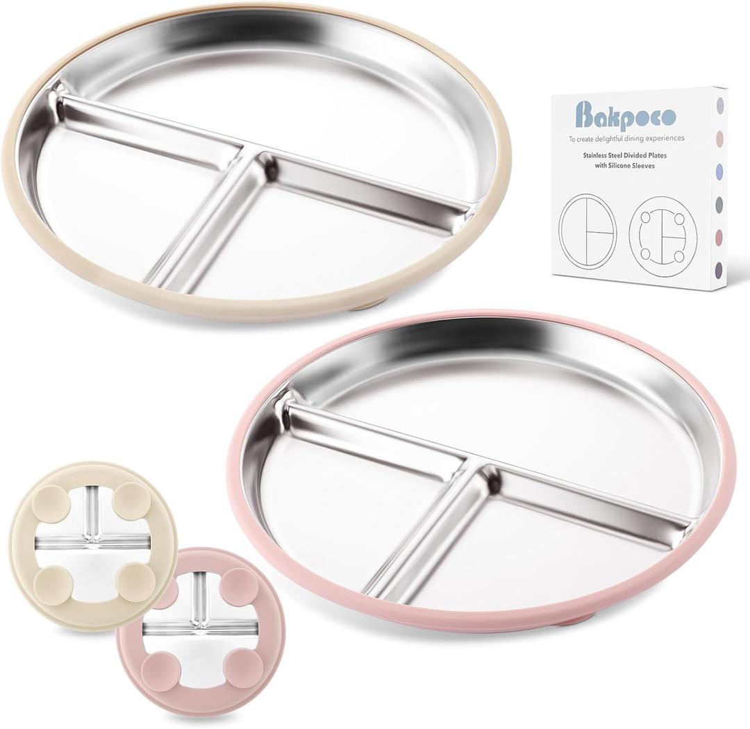 Bakpoco Stainless Steel Baby Plate with Suction, 9 Divided Toddler Plates with Removable Silicone Sleeves for Kids, Non-Toxic Non-Slip Unbreakable Dishwasher Safe Dinnerware Set of 2, Pink & Beige
