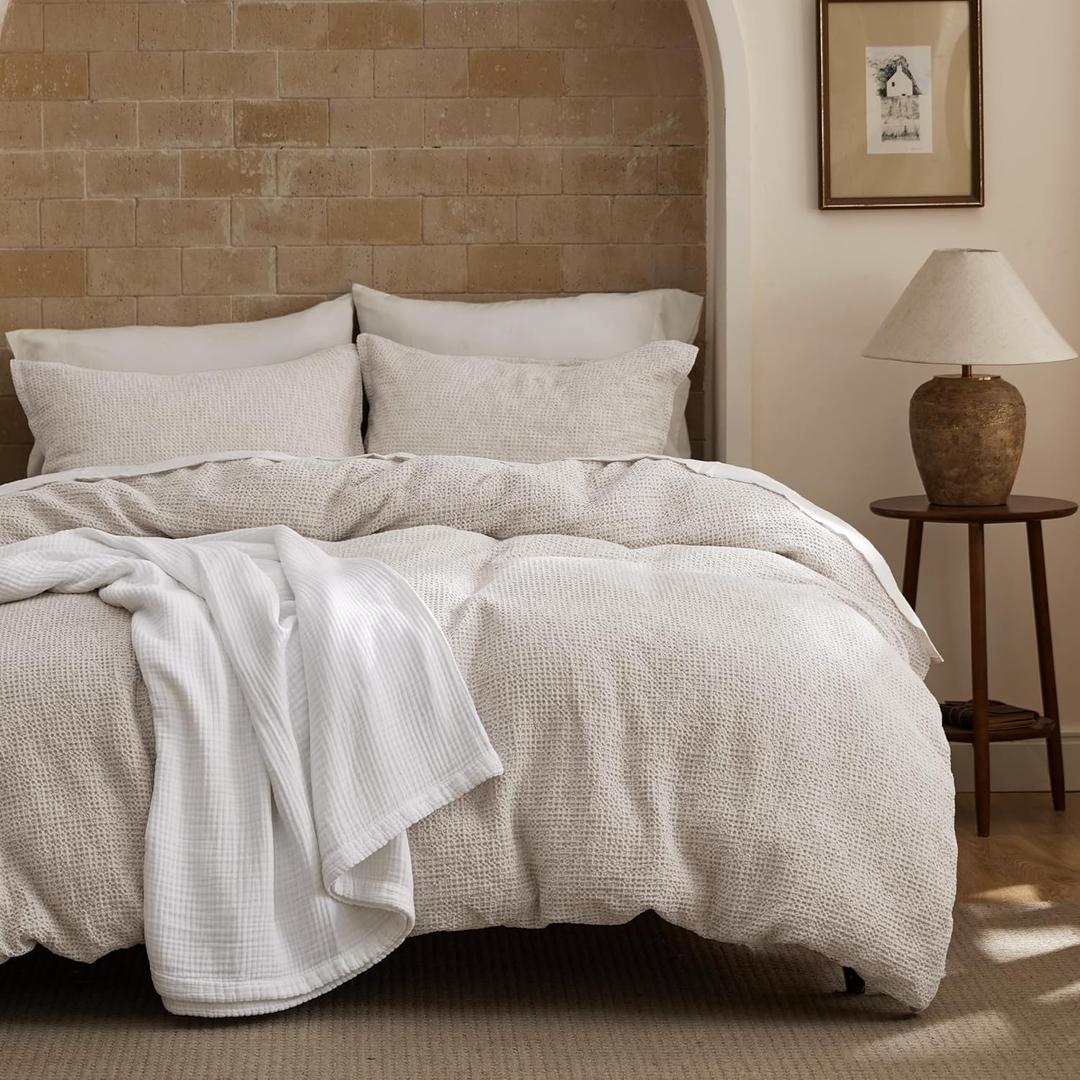 Bedsure Waffle Duvet Cover King - 100% Cotton Duvet Cover Linen Color, Space-Dyed for Enhanced Bedroom Aesthetics, PureWoven and Stylish All-Season, 3-Piece Bedding Set with Button Closure, 104"x90"