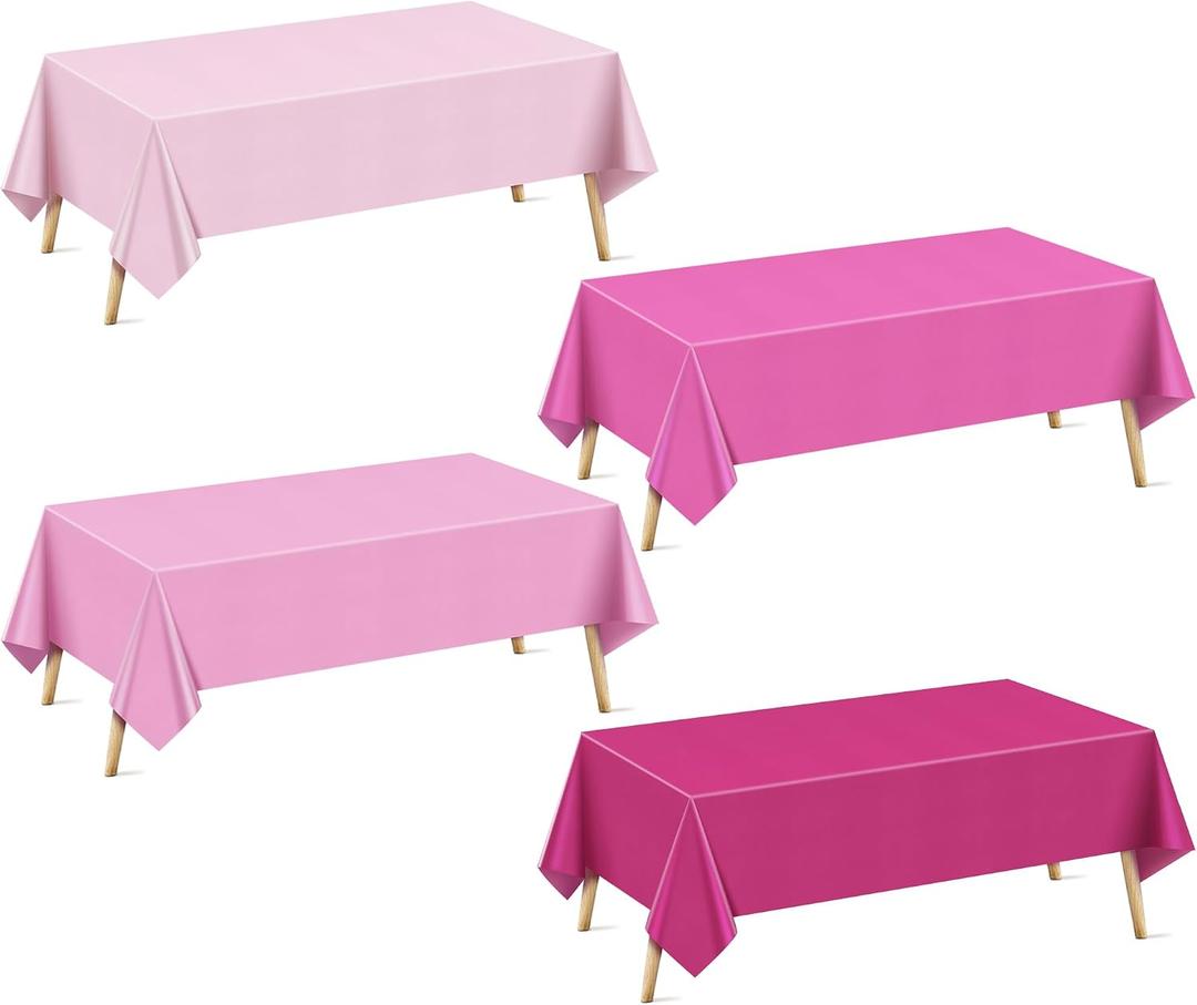 Just Shimmer 4 Pieces Pink Series Rectangle Tablecloth, 54x72 Solid Color Waterproof & Spillproof Disposable Plastic Table Cover, Durable Party Tablecloth for Dining, Buffet, Picnic, Outdoor Events