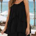 Wenrine Womens Summer Romper Dress Chiffon Spaghetti Strap Sleeveless Ruffle Tiered Short Jumpsuits Beach Vacation Rompers (Black, S)