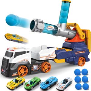 Dwi Dowellin Truck Toys for Kids, 28" Large Car Toys Include 4 Race Cars+6 Soft Foam Balls, with Light & Sounds, Eejection&Shooting Transport Trucks Toy, Gifts for Boys Girls 3 4 5 6 7 8+ Year Old