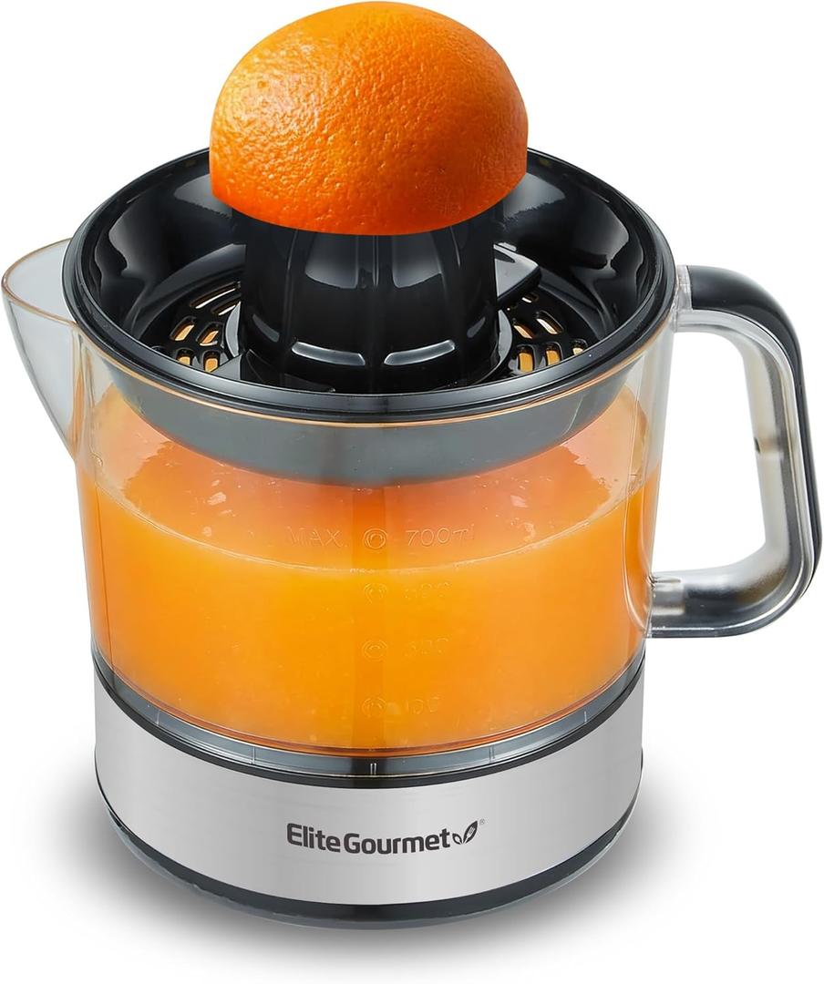 Elite Gourmet ETS623 BPA-Free 40-Watt Electric Citrus Juicer, Compact, Large Volume, Pulp Control, Oranges, Lemons, Limes, Grapefruits with Easy Pour Spout, 24oz, Black/Stainless Steel