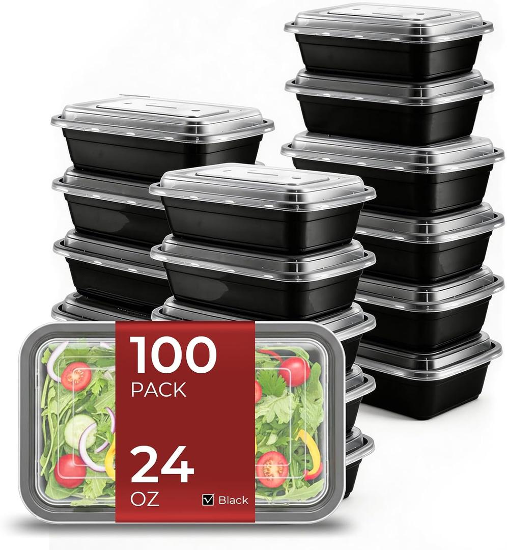 100 Pack (200-Piece) 24 oz Meal Prep Containers Reusable Food Storage Containers with Lids, Sturdy Leakproof To Go Plastic Takeout Containers for Microwave, Freezer, Dishwasher Safe