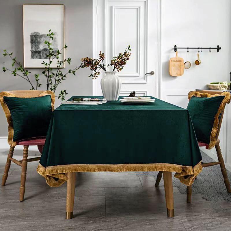 Velvet Tablecloth Luxurious Green Rectangle Table Tablecloth Thickset with Luxurious Gold Tassels Table Cloth for Home Decor Christmas Wedding, Party, Banquet and Events 55X70inch