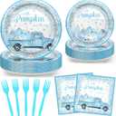 Avezano 96 PCS Little Pumpkin Baby Shower Decorations Blue Pumpkin Plates and Napkins for Boys Fall Autumn Baby Shower Decoration Supplies, Serves 24