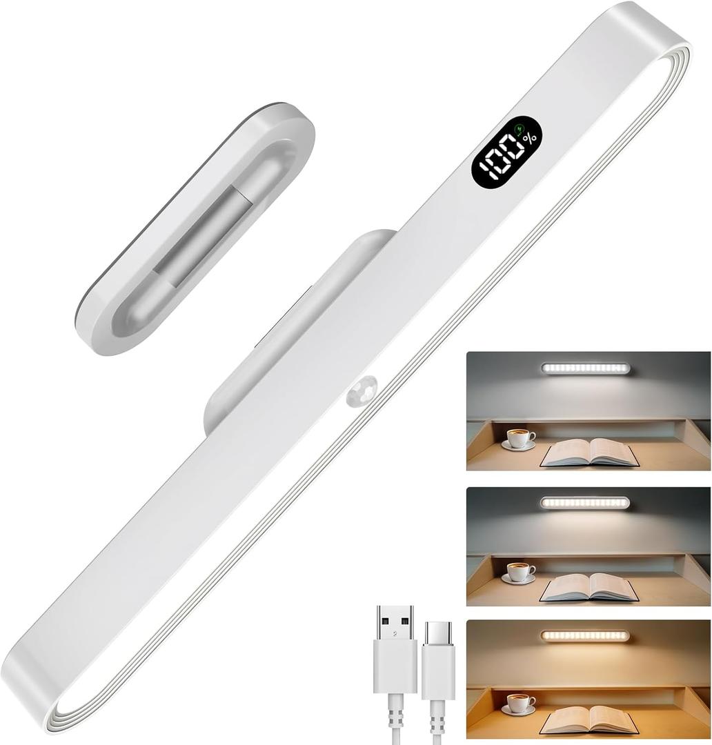 Motion Sensor Light Indoor with Battery Display,3000mAh Rechargeable Under Cabinet Lighting Magnetic Light Bar 300LM Battery Operated Closet Light Makeup Lights Stick On (White)