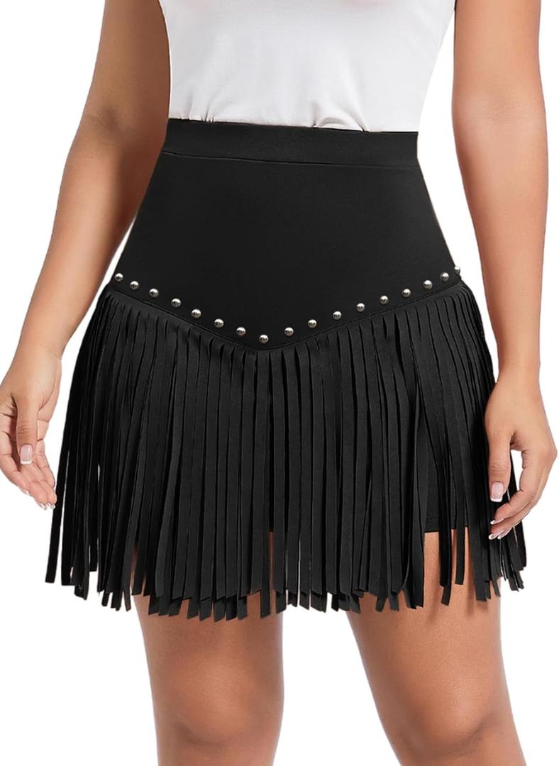 Womens Western Cowgirl Fringe Skirt - Country Concert Outfit Rodeo Tassel Booty Pole Dance Rave Festival Bottoms (XX-Large, Classic Black With Studs)