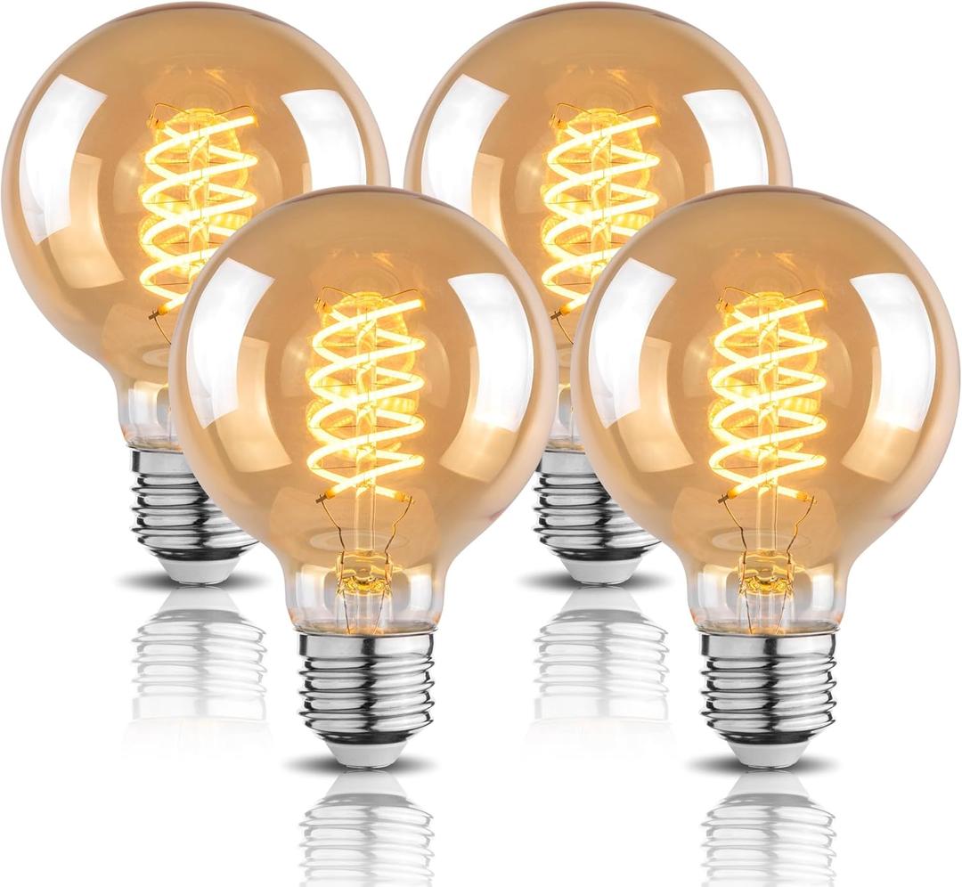 G25 Globe LED Edison Light Bulbs, 6W Equivalent to 60W, 2500K Warm White Flexible Spiral Filament Light Bulbs, Dimmable Vintage LED Bulb, G80 Antique Edison Bulbs, Amber Glass, E26, 4 Pack
