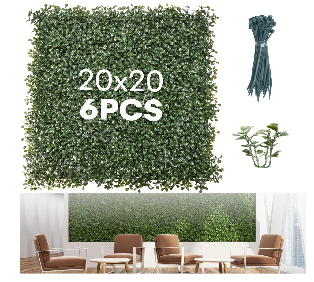 6 Pack 20"x20"Grass Wall Panels-Artificial Boxwood Panels for Greenery Wall Backdrop,UV-Protected Greenery Wall Backdrop Faux Greenery for Indoor Outdoor Decor,Garden Fence,Wedding,Privacy Screen