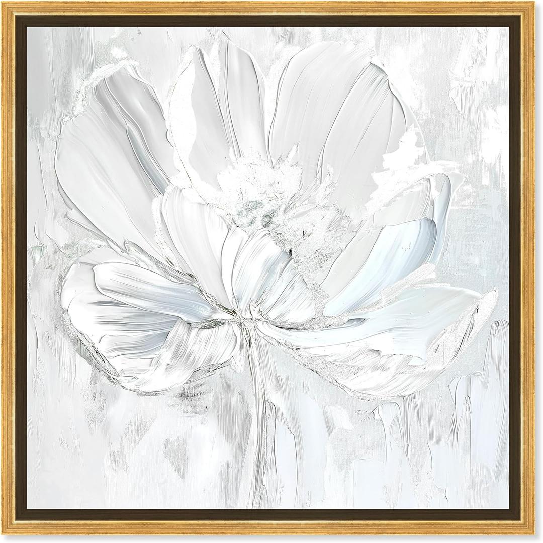 Off-White Magnolia II Framed Floral Fine 1 Piece Canvas Wall Art, 13.5" x 13.5", Off-White Frame (13.5L" x 13.5W", Gold Frame)