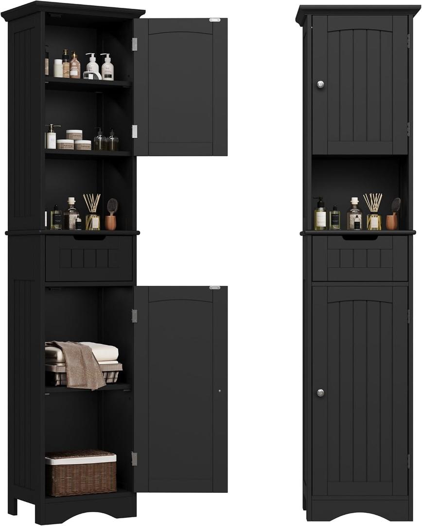 ChooChoo 67" Tall Bathroom Storage Cabinet, Narrow Bathroom Cabinet with 2 Doors and 1 Drawers, Freestanding Cupboard Floor Cabinet with Adjustable Shelves for Living Room, Kitchen, Black, 15.7"W 11.8"D 67"H