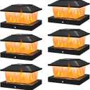 APONUO Solar Post Cap Lights with Flickering Flame & Warm White, 6-Pack for 4x4 Wood/Vinyl Posts, Solar Powered Deck & Fence Lights, Auto On/Off, IP65 Waterproof, Glossy Black