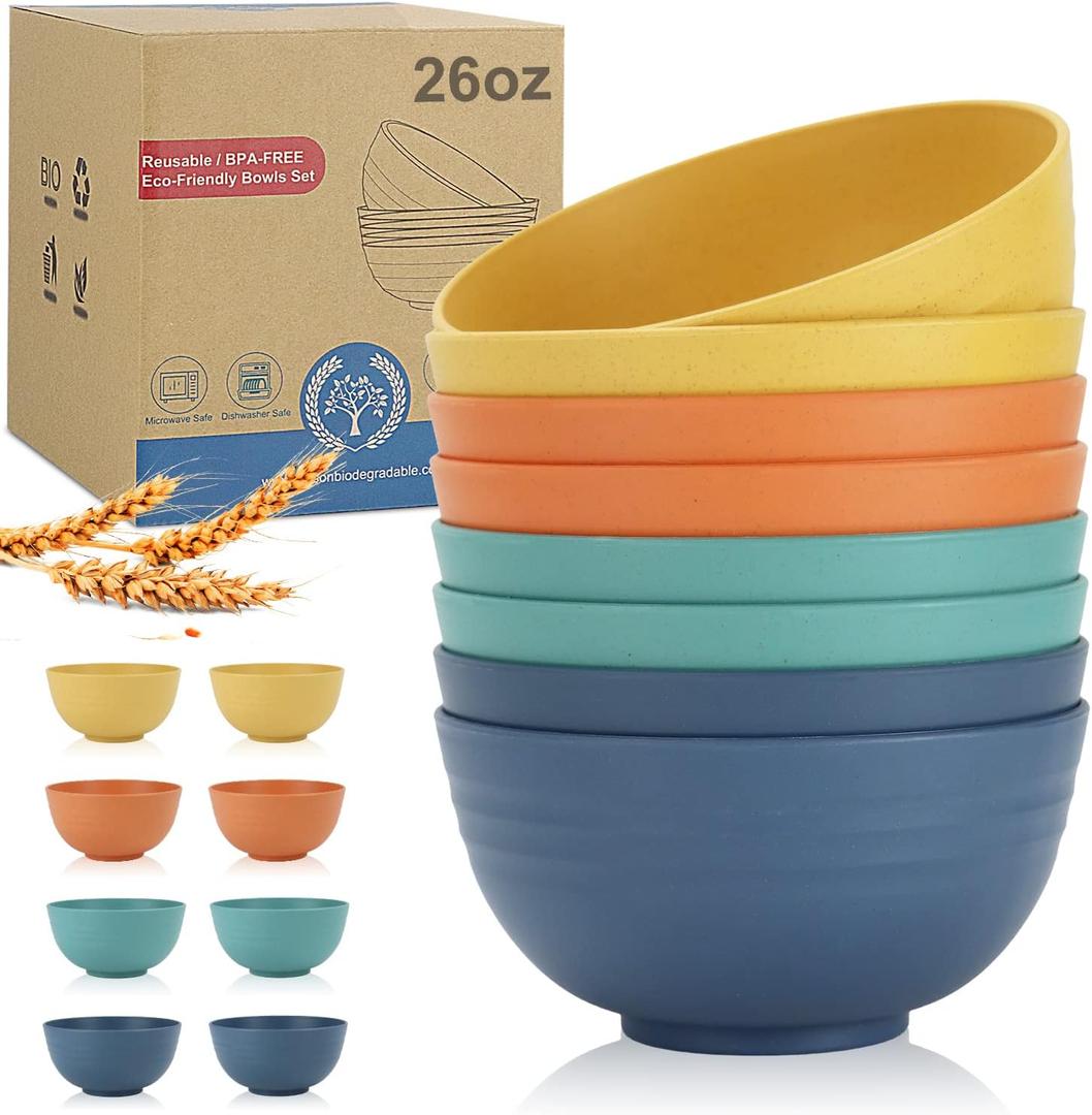 Wheat Straw Bowl Sets,8 PCS Unbreakable Cereal Bowl 26 OZ,Microwave and Dishwasher Safe Bowls,Bowl Sets for Camping and Picnic BPA Free Colorful Salad Bowls for Serving Soup,Oatmeal and Fruit Etc (Navy blue,Green,Yellow,Orange)