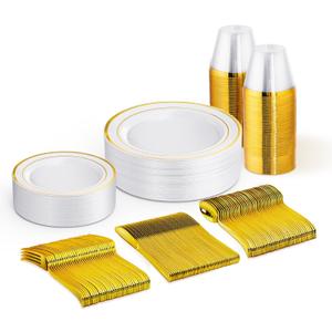 150 PCS Gold Disposable Dinnerware Set for 25 Guests, Gold and White Plastic Plates for Party, 25 Dinner Plates, 25 Salad Plates, 25 Cups, 25 Forks Knives Spoons for Wedding and Party Supplies