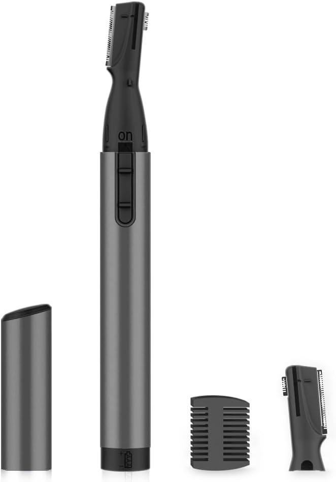 Eyebrow Trimmer, Facial Hair Trimmer Precision Detailer with Rinseable Blade, Battery Powered Double-Sided Eyebrow Razor with Comb, Compact Pen-Size Safe Painless Shaver for Chin Peach-Fuzz (Cinder Gray)