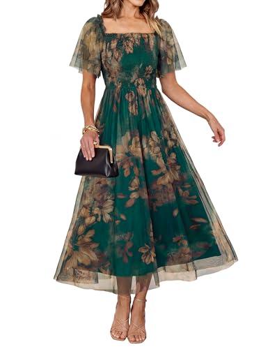 Simplee Womens Floral Maxi Dresses 2026 Summer Smocked Empire Waist Square Neck Short Sleeve Wedding Guest Party Dress, Large