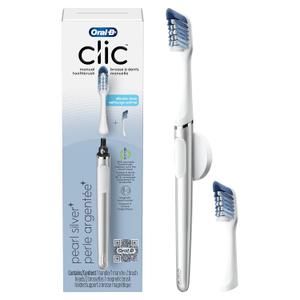 Oral-B Clic Toothbrush, Chrome White, with 1 Bonus Replacement Brush Head and Magnetic Toothbrush Holder