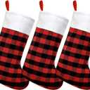 allydrew Christmas Buffalo Plaid Stockings with Plush White Cuff, Hanging Fireplace Holiday Decoration (Set of 3), Red