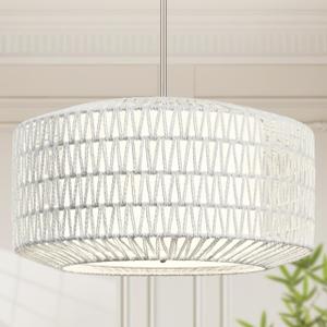 AyshwillDec 23 inch White 5 Light Rattan Light Fixture Woven Pendant Lights Rattan Farmhouse Chandeliers Fabric Shade Boho Chandelier for Dinning Room Kitchen