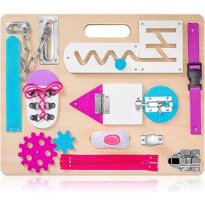 Montessori Busy Board for Toddlers, Wooden Sensory Toys, Kids 1-3 Travel Toy, Preschool Learning Activities for Fine Motor Skills, Basic Life Skills Educational Gifts for 1 2 3 Years Old Girls (Pink)