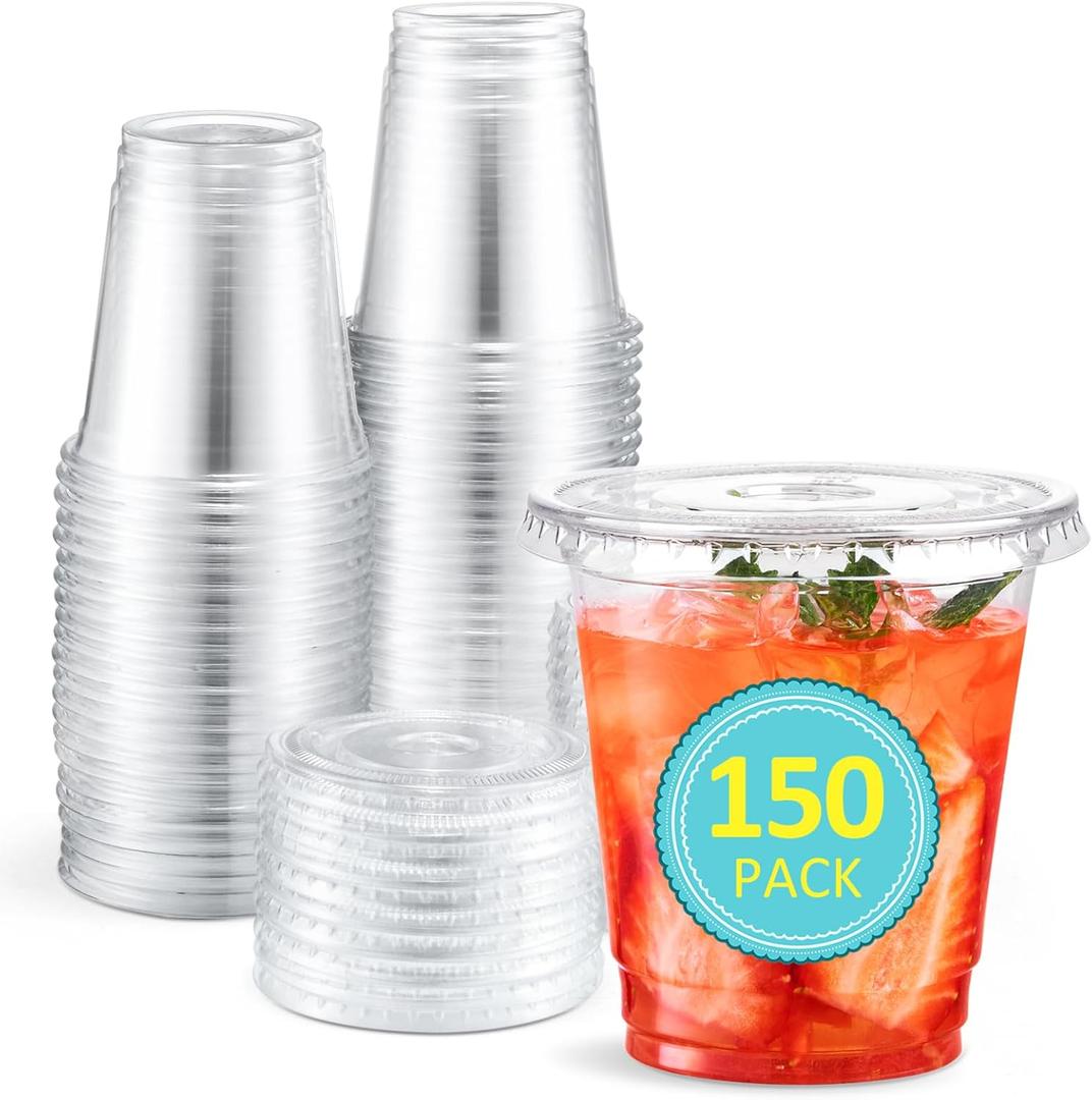 Eupako 150-Sets-8-OZ-Plastic-Cups-with-Lids-8 Ounce-Clear-Disposable-Cups-with-Lids-Cold-Drink-Containers-for-Beverage-Parfait-Smoothie-Milkshake-Juice