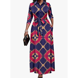 Runwind Women Church Maxi Dresses 3/4 Sleeve Button Down Print Casual Office Dress African L