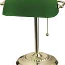 Catalina Lighting 17466-017 13.5'' Traditional Banker's Lamp Light Fixture with Green Glass Cylinder Shade for Office, Library, Living Room, or Dorm, Polished Brass