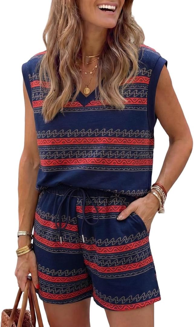 Dokotoo Sleeveless Tops for Women 2 Piece Outfits V Neck Tank Tops Casual Tie Waist Pockets Shorts Summer Western Striped Print Lounge Sets Blue Stripe Medium