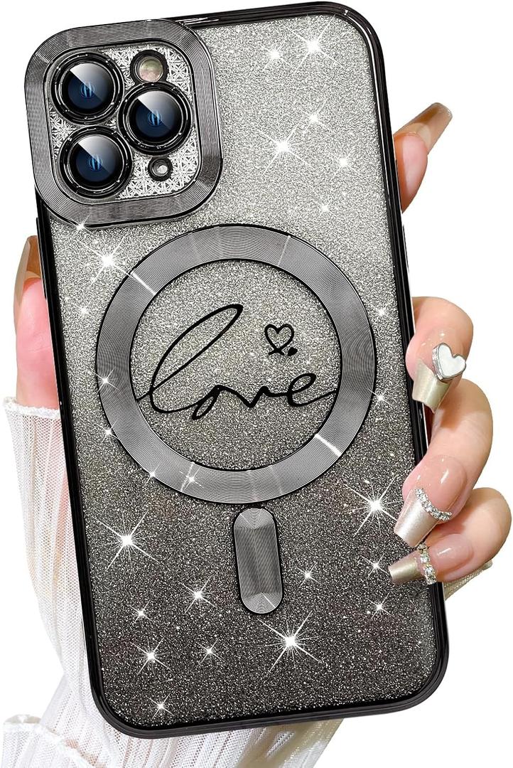 Fiyart Designed for iPhone 11 Pro Case,Compatible with MagSafe Love Heart Plating Camera Protection TPU Magnetic Glitter for Women Girls Shockproof Phone Bumper 5.8"-Black