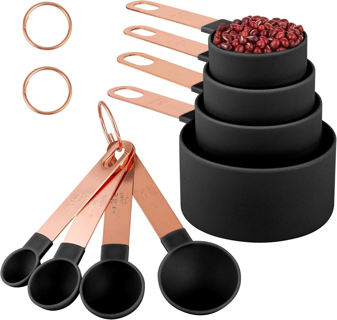 8-Piece Stackable Rose Gold Stainless Steel Handled Measuring Cups and Spoons for Measuring Dry and Liquid Ingredients (black)