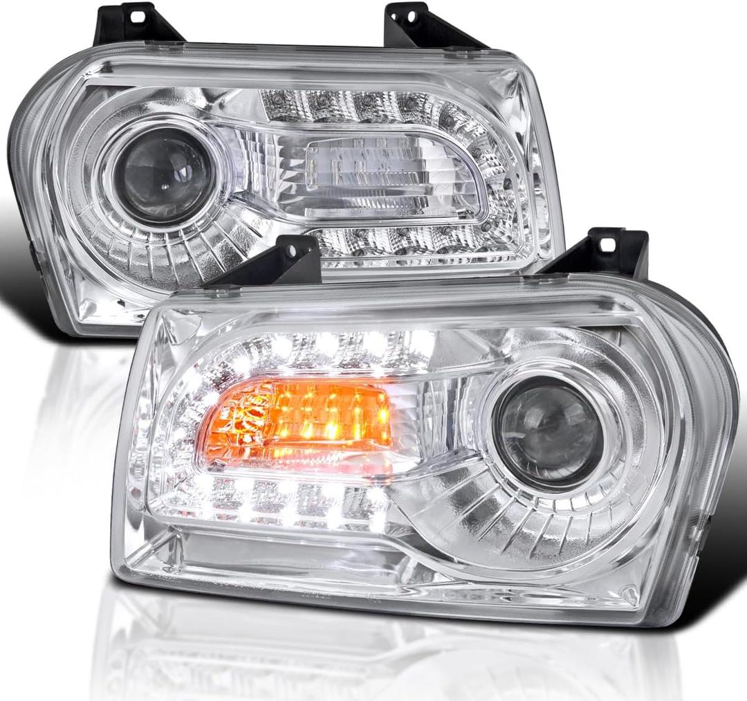 SPEC-D TUNING Glossy Black Smoke Projector Headlights w/LED Turn Signal Compatible with 2005-2010 Chrysler 300 Base/LX/Touring/Touring AWD, Left + Right Pair Headlamps Assembly